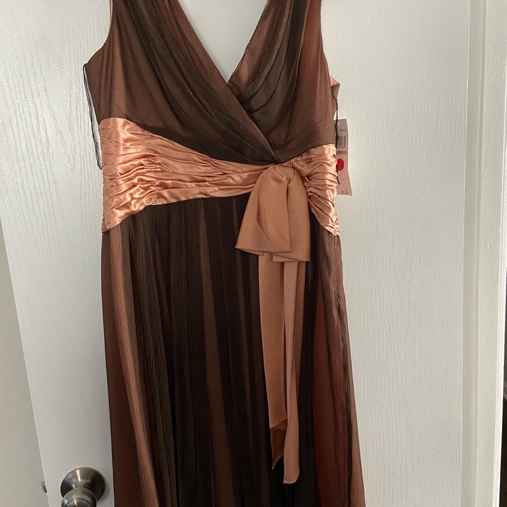 Maggy London party dress, brown sheer overlayed on blush peach silk. Size 12 NWT